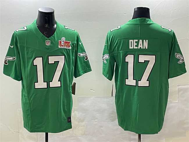 Mens Philadelphia Eagles #17 Nakobe Dean Green 2025 Super Bowl LIX Patch F.U.S.E. Throwback Vapor Untouchable Limited Stitched Jersey